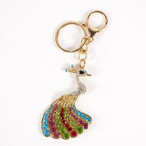 Peacock Rhinestone Keychain Metal Keyring Bejeweled Bird Pendant Charm Key Chain